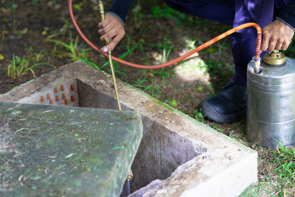 Professional specialist spraying chemicals into outdoor area to fight pests