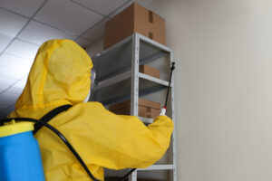 Exterminator in hazmat suit cleaning shelves inside room